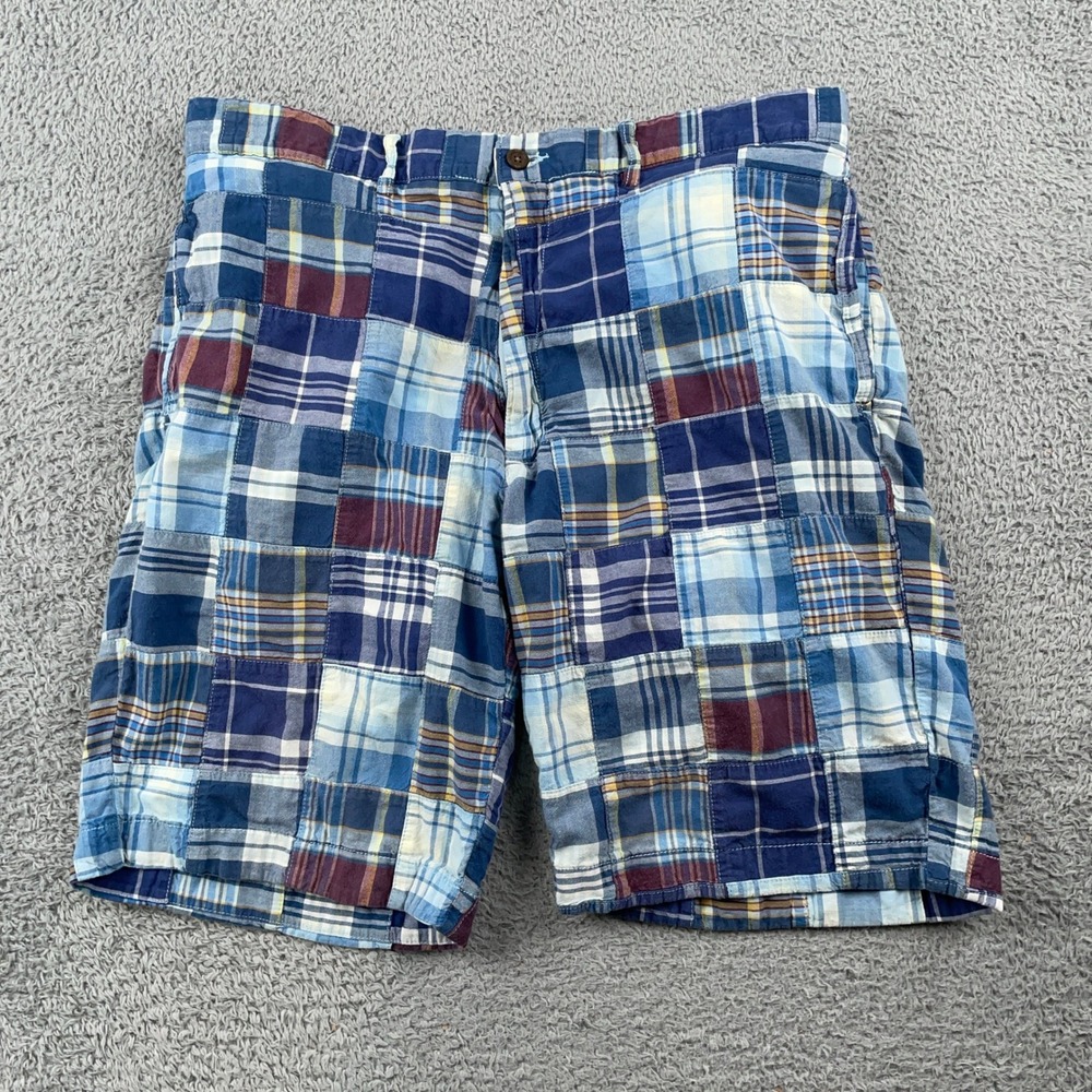 VTG Polo Ralph Lauren Shorts Mens 35 Fits 32 Blue Patchwork Madras Preppy Summer